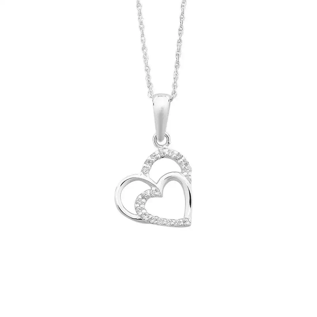 45cm Sterling Silver Double Open Heart Cubic Zirconia Necklace