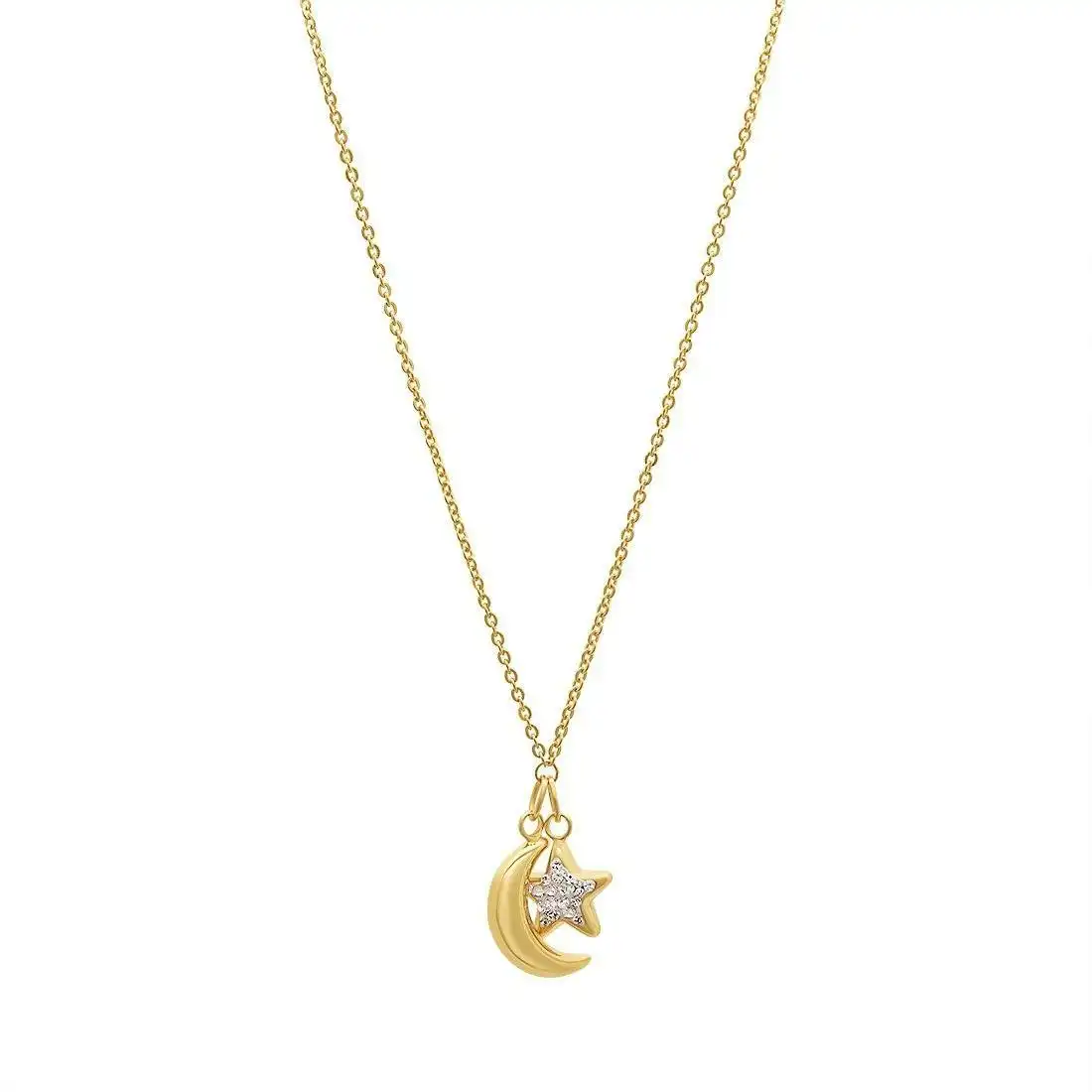 Moon & Star Crystal Necklace in 9ct Yellow Gold Silver Infused