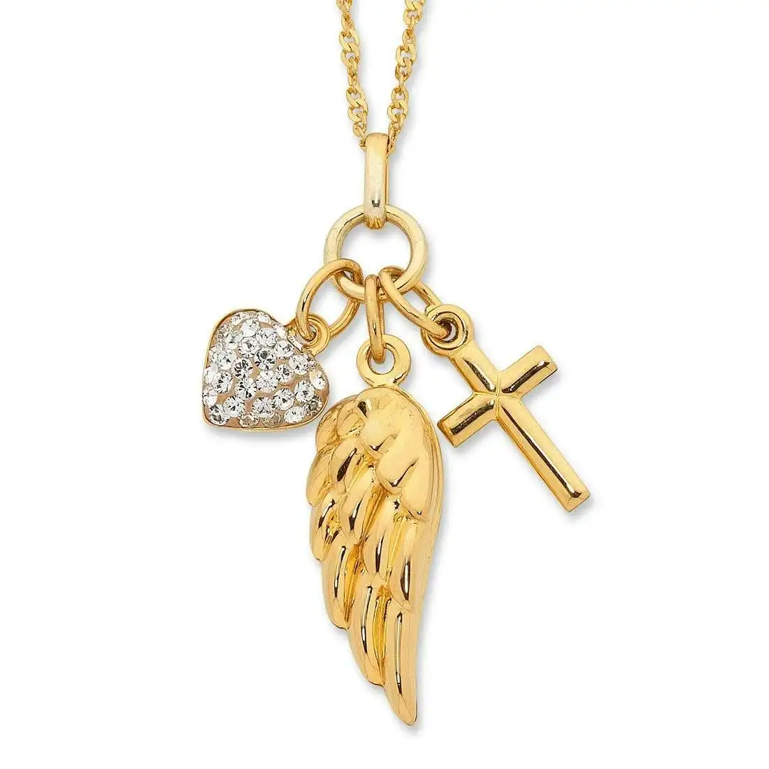 9ct Yellow Gold Silver Infused Heart + Cross + Wing Necklace