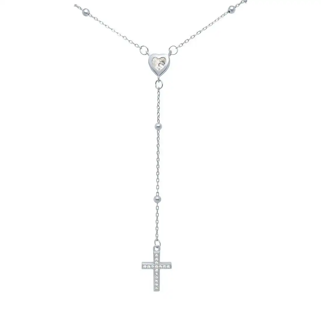 45cm Cross and Heart Rosary Necklace with Cubic Zirconia in Sterling Silver