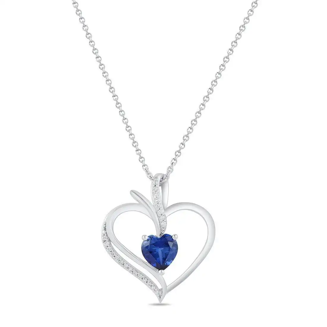 Created Sapphire & Diamond Heart Necklace in Sterling Silver