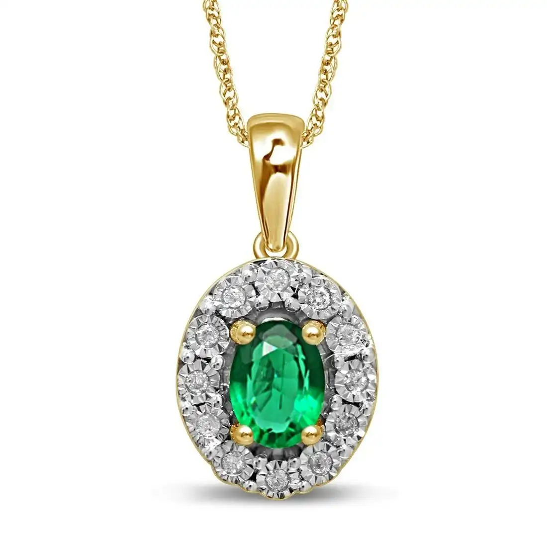 9ct Yellow Gold Created Emerald & Diamond Necklace
