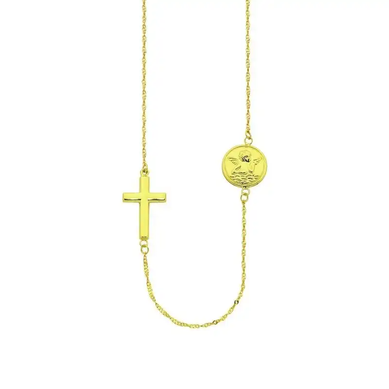 9ct Yellow Gold Silver Infused Cross & Angel Pendant Necklace