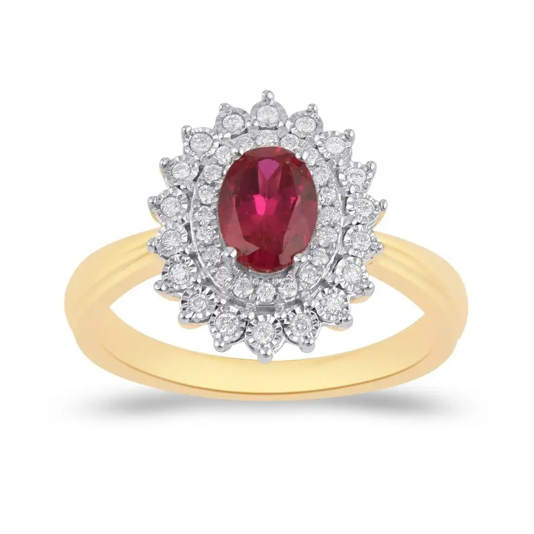 Created Ruby Halo Ring with 0.15ct of Diamonds in 9ct Yellow Gold