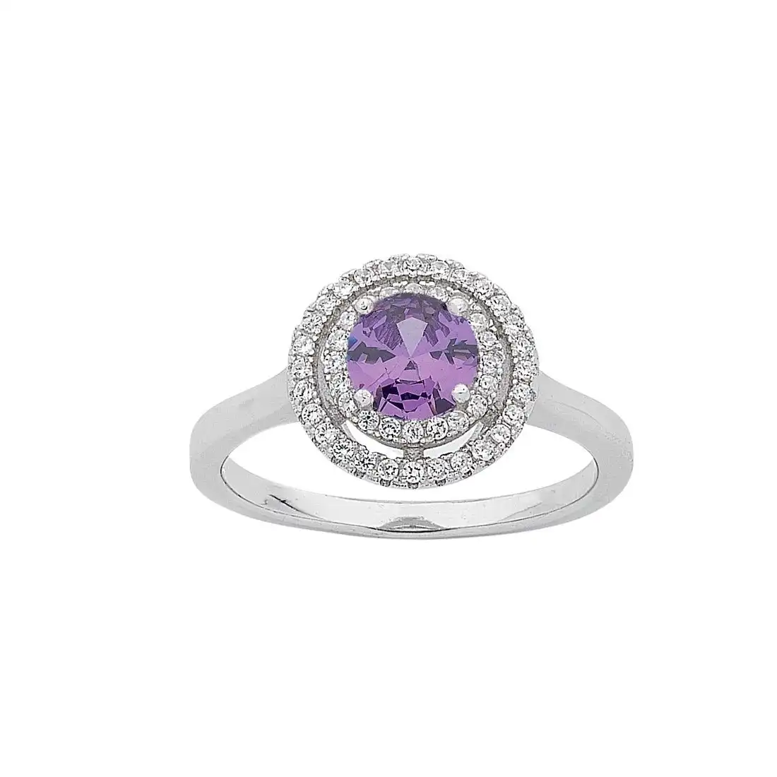 February Birthstone Sterling Silver Purple Cubic Zirconia Halo Ring