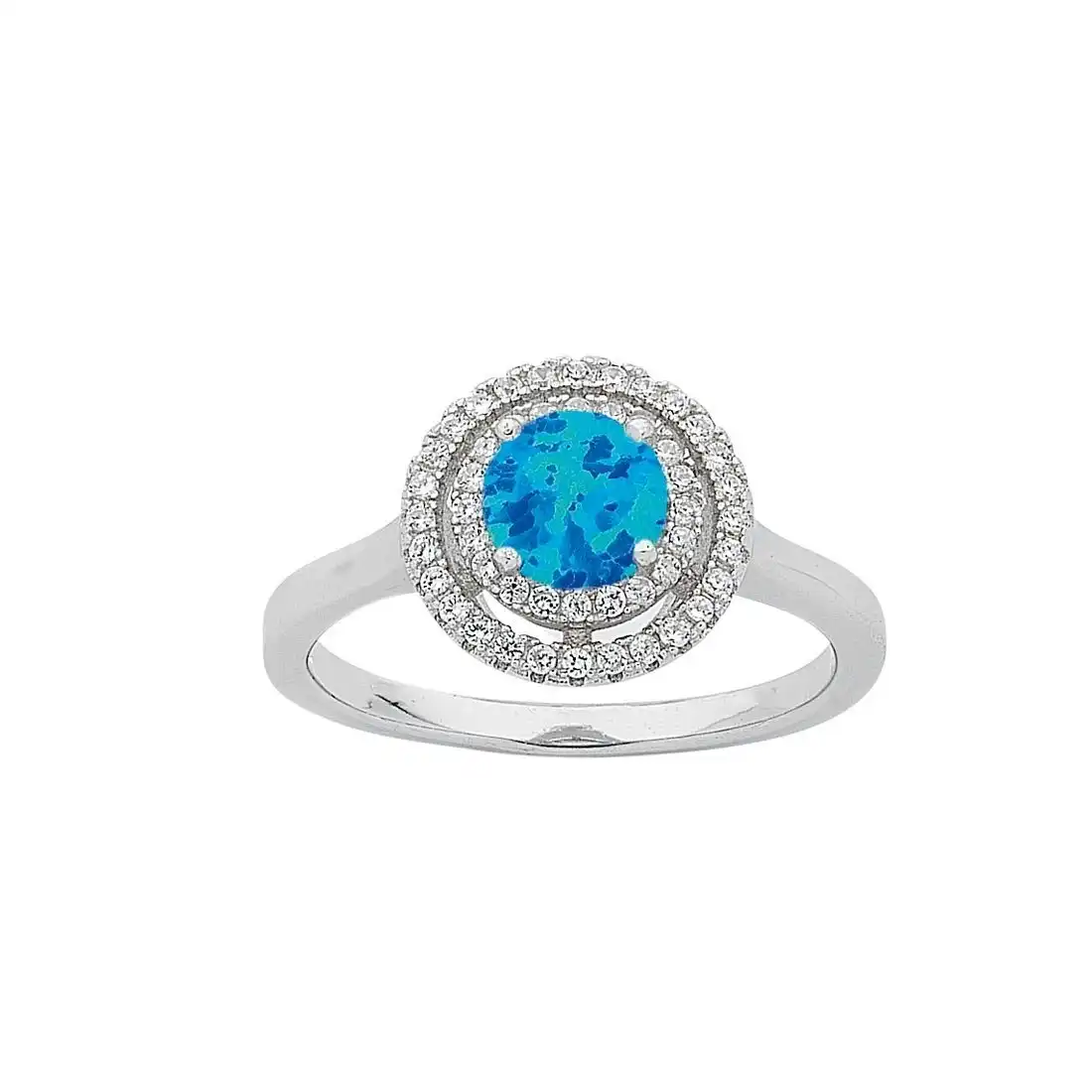 December Birthstone Sterling Silver Synthetic Blue Opal & Cubic Zirconia Halo Ring