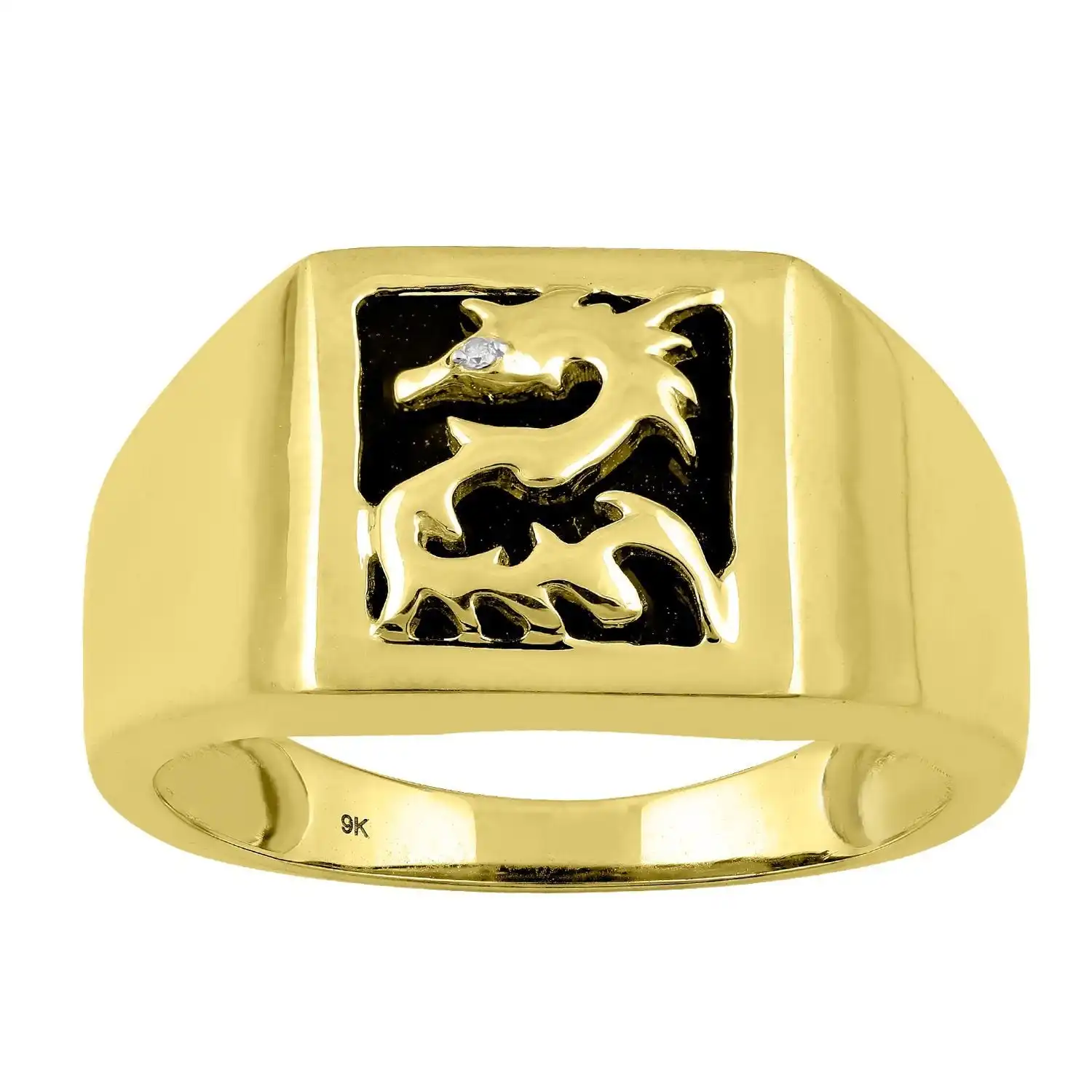 Men's Diamond Set Dragon Onyx Ring in 9ct Yellow Gold