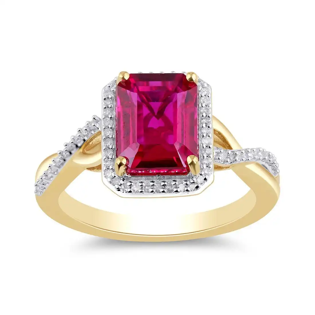 Created Ruby Halo Ring with 0.15ct of Diamonds in 9ct Yellow Gold