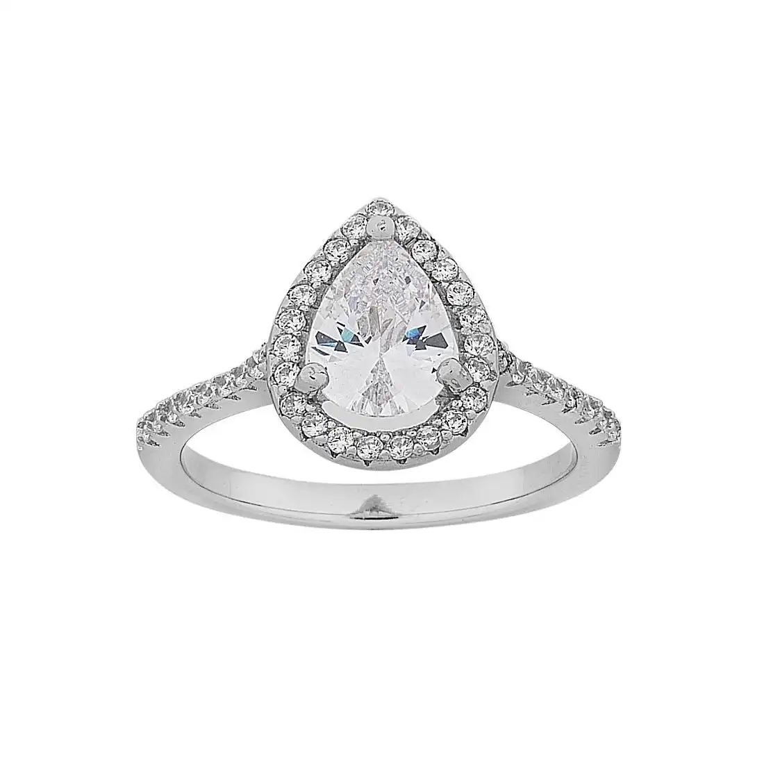 Sterling Silver Pear Cubic Zirconia Halo Ring