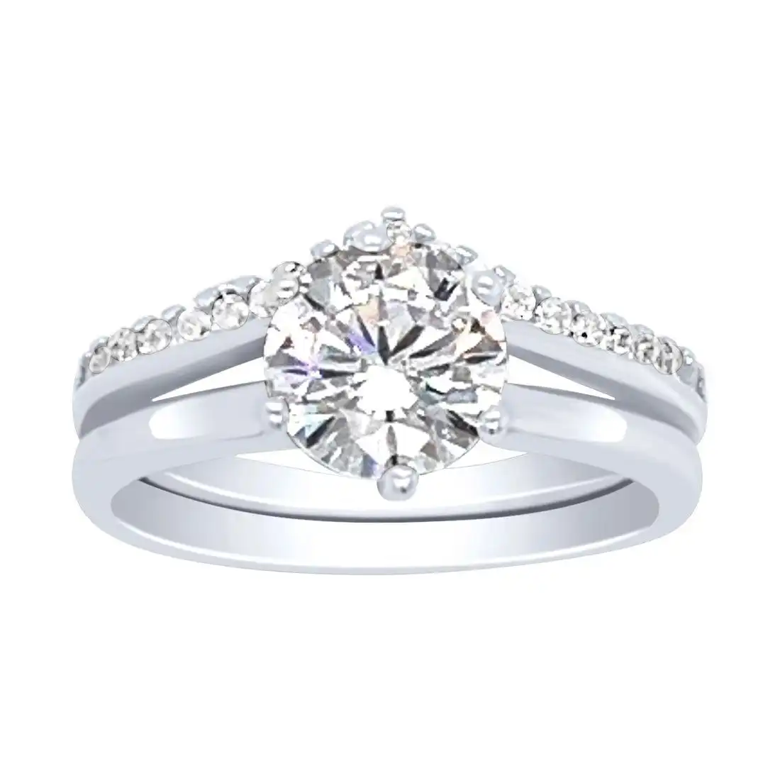Sterling Silver and Cubic Zirconia Solitaire with Studded V Shaped Band Ring Set