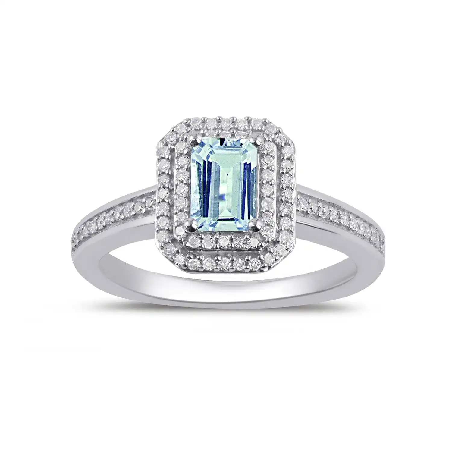 Mirage Double Halo Aquamarine Ring with 1/5ct of Diamonds in Sterling Silver