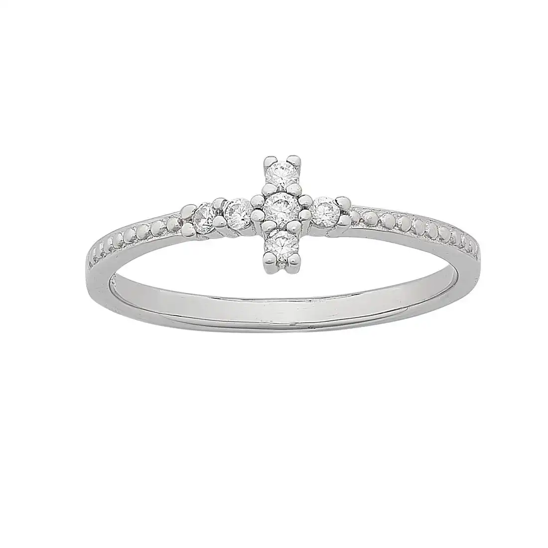 Sterling Silver beaded Cross ring with Cubic Zirconia