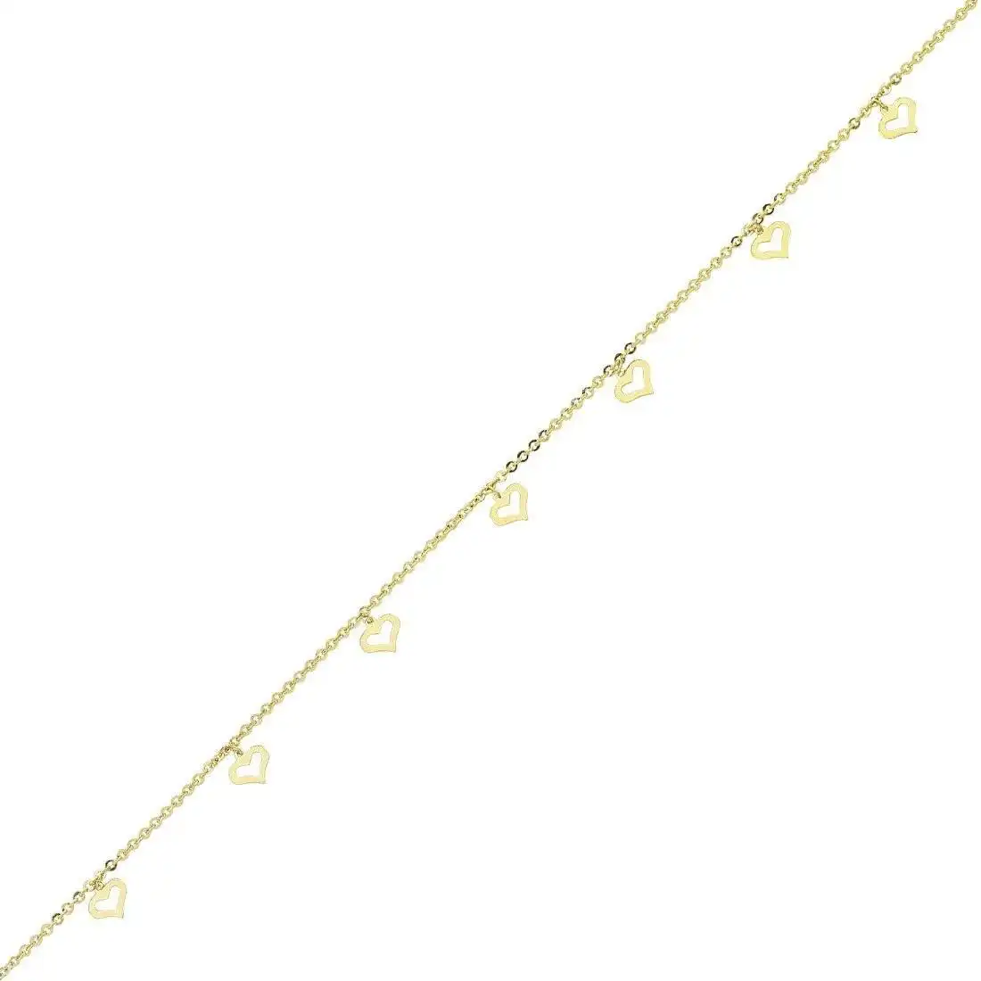 9ct Yellow Gold Silver Infused Floating Open Hearts 25cm Anklet