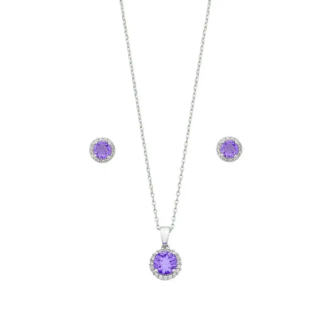 Purple Cubic Zirconia Earring & Necklace Set in Sterling Silver