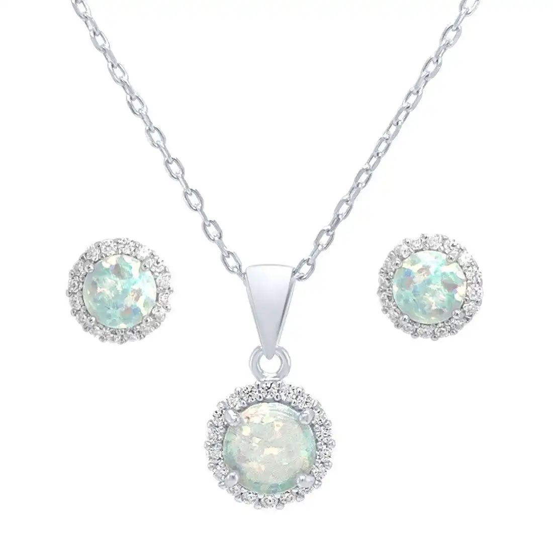 Sterling Silver and Synthetic White Opal and Cubic Zirconia Earrings and Necklace 45cm Set