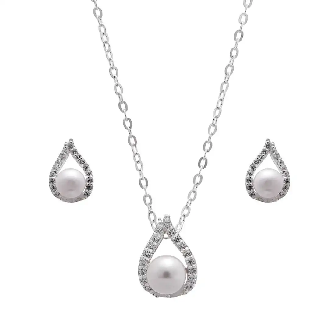 Synthetic White Pearl Necklace and Earrings Set in Sterling Silver