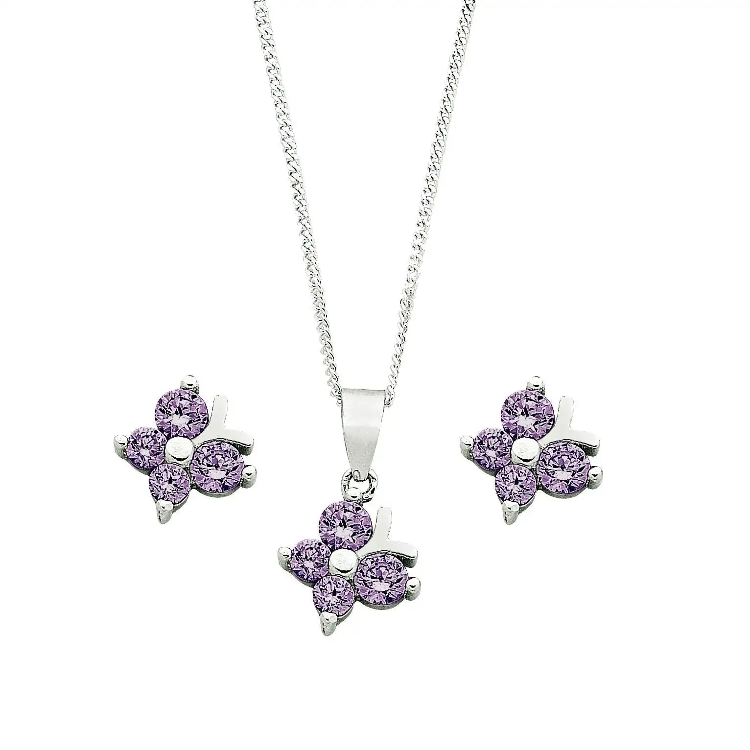 Children's Sterling Silver Purple Butterfly Earring & Necklace Set