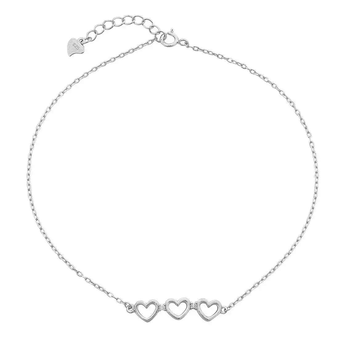 Sterling Silver Open Heart White Cubic Zirconia Anklet