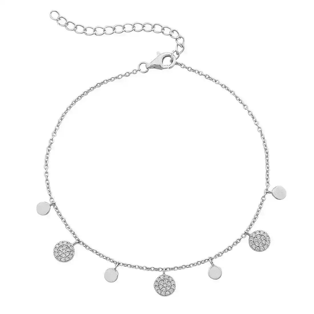 Sterling Silver Plain and Large Cubic Zirconia Pave Disc Charm Anklet