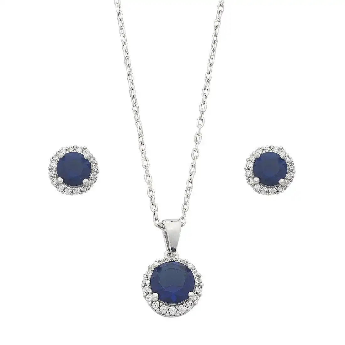 Sterling Silver Sapphire Cubic Zirconia Earrings and Necklace Set