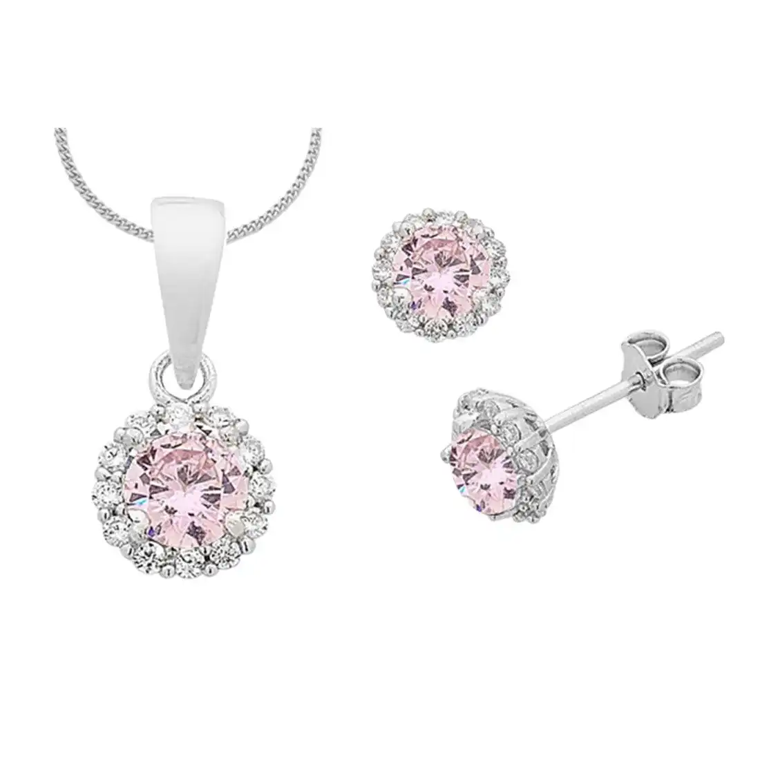 Sterling Silver Pink Curbic Zirconia Necklace and Earrings Set