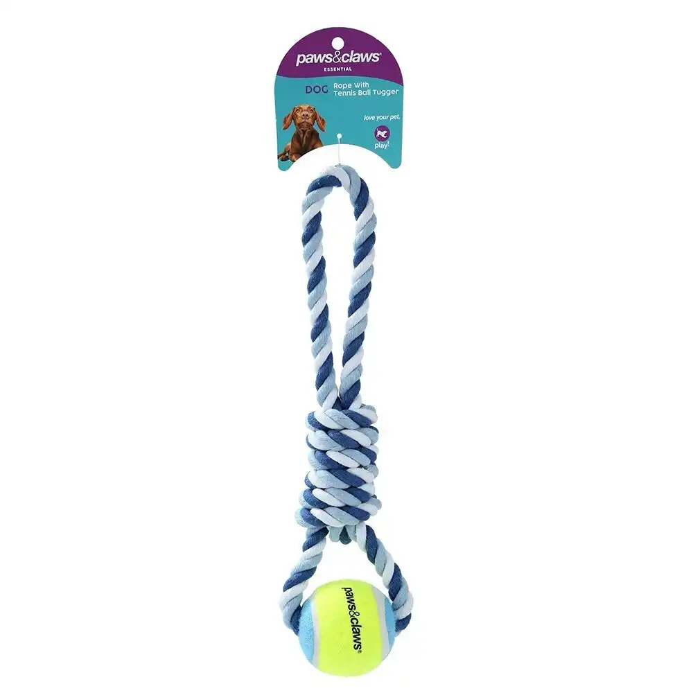 3PK Paws & Claws Dog Toy 29cm Rope & Tennis Ball Tugger Pet Interactive Fun Asst