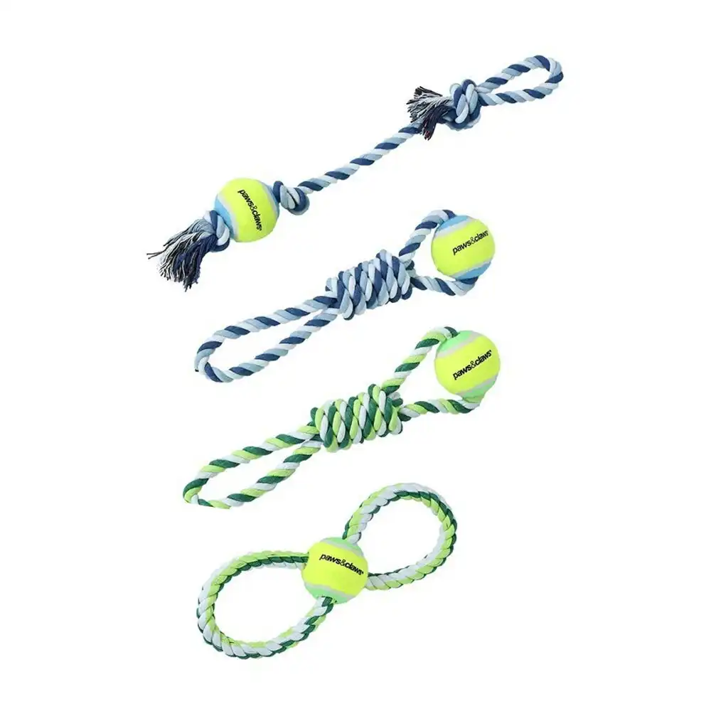 4x 3PK Paws & Claws Dog Toy 29cm Rope & Tennis Ball Tugger Pet Interactive Asst
