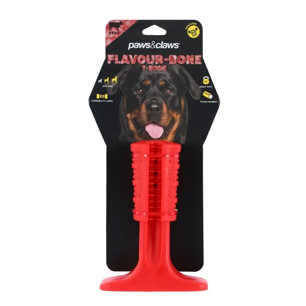 Paws & Claws 17cm Beef Flavour-Bone T Bone Rubber Dog Toy Gums Dental Clean Red