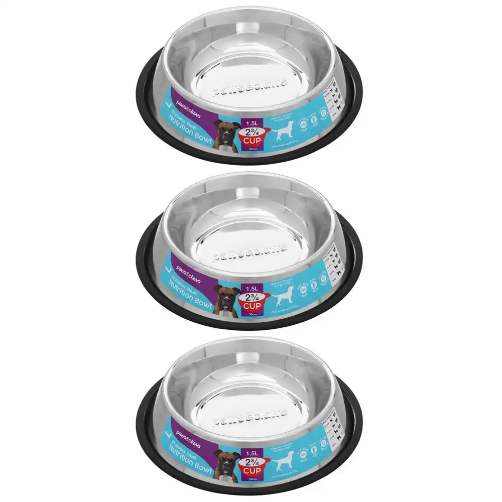 3x Paws & Claws 1.5L/30cm Dog Bowl Anti-Skid Pet Food Stainless Steel Container