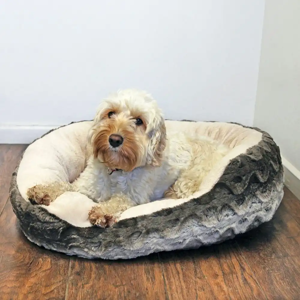 Rosewood Grey/Cream Pet Dog Snuggle Sleeping Soft Plush/Bed Resting Oval 96cm