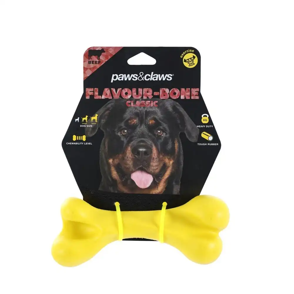 Paws & Claws 18cm Flavour-Bone Classic Bone Beef Flavoured Rubber Dog Toy Yellow