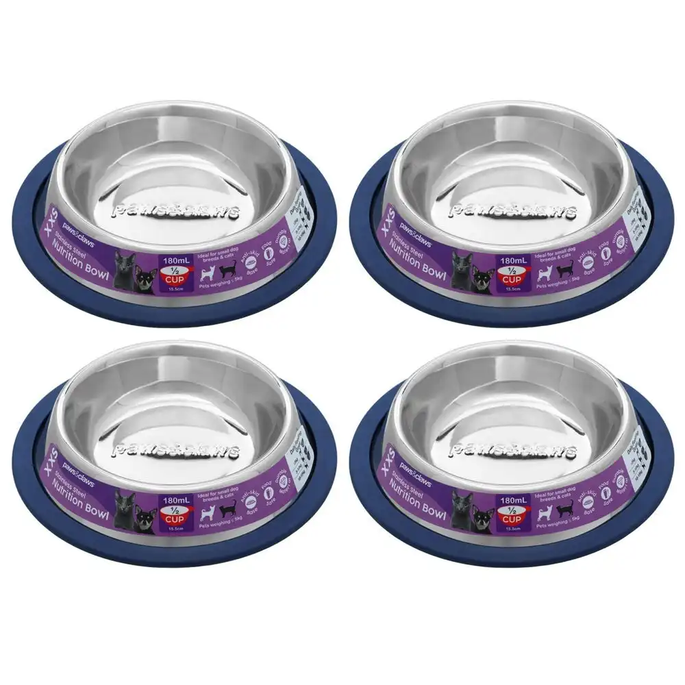 4x Paws & Claws Dog Feeding Bowl 180ml Pet Food Water Stainless Steel Feeder BL
