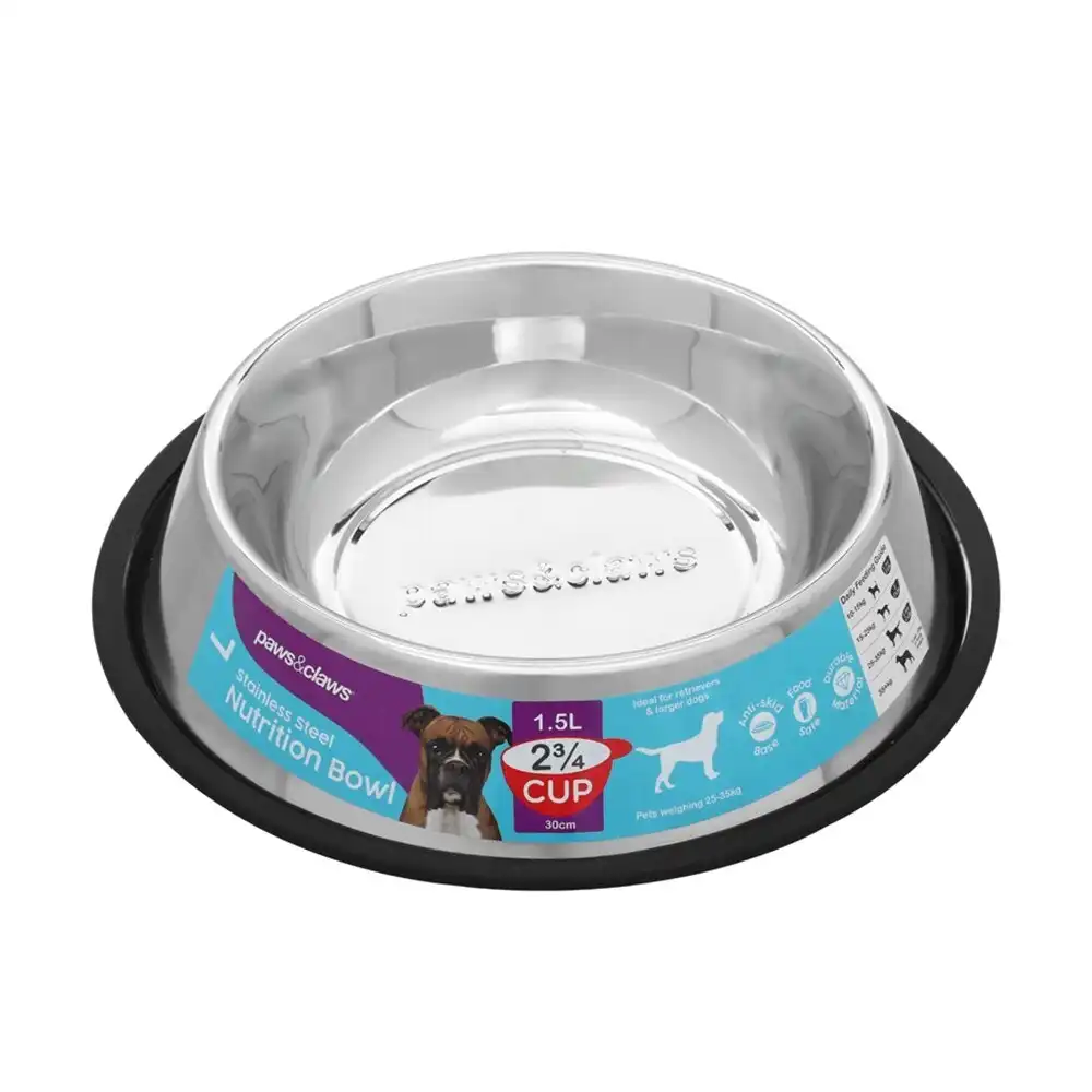 Paws & Claws 1.5L/30cm Dog Bowl Anti-Skid Pet Food Stainless Steel Container BLK