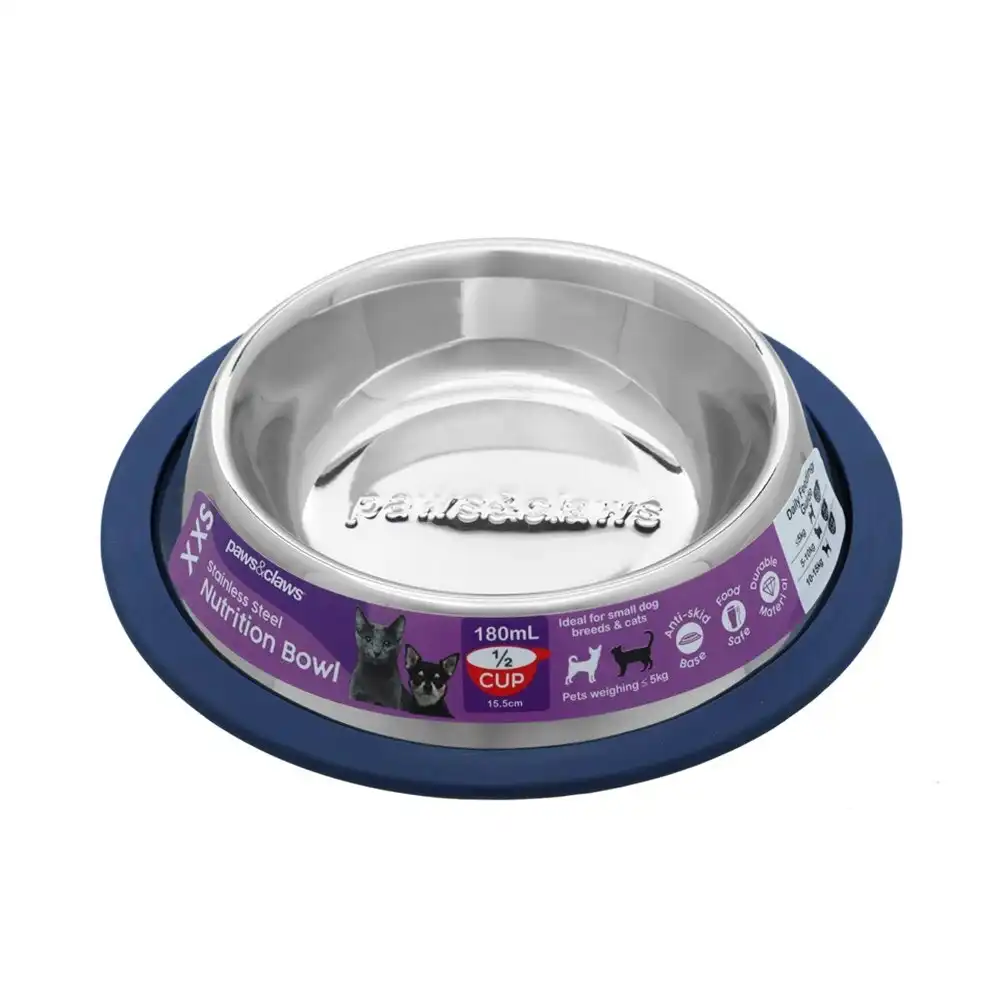 Paws & Claws Dog Feeding Bowl 180ml Pet Food Water Stainless Steel Feeder Blue