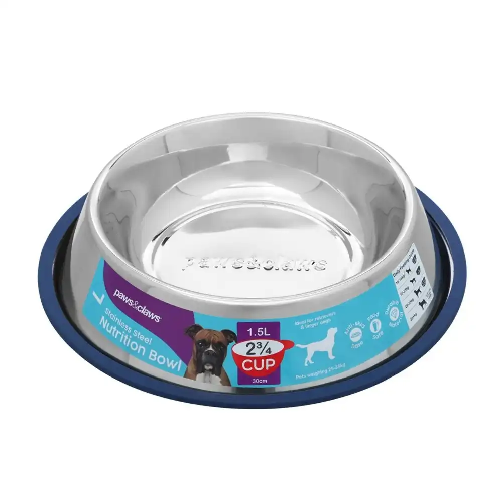 Paws & Claws Dog Feeding Bowl 1.5L/30cm Pet Food Water Stainless Steel Feeder BL