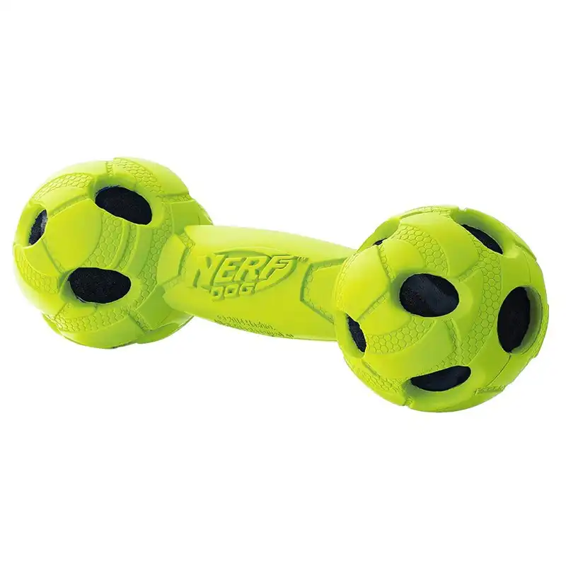 Nerf Dog Pet Indoor/Outdoor Medium Rubber Tire Barbell Squeaker Chew Toy Green