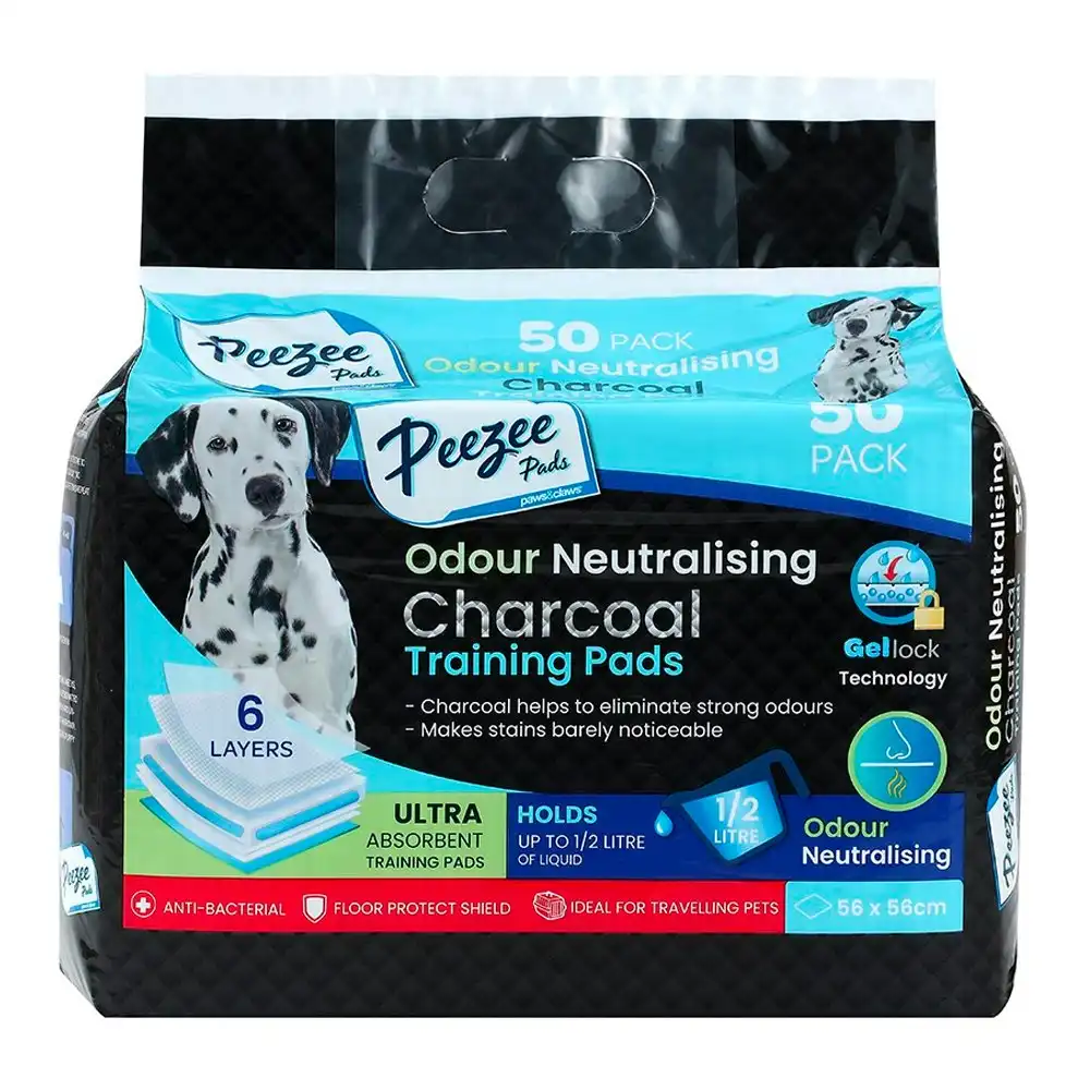 50pc Paws & Claws Peezee Pet/Cat/Dog Training Pads/Mat Odour Control Charcoal