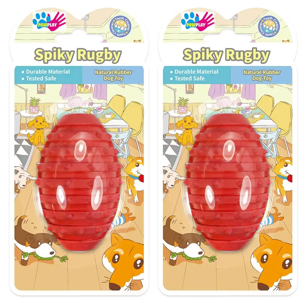 2x Paw Play 9.5cm Rubber Spiky Rugby Ball Pet/Dog/Cat Chew/Play Toy Small Red