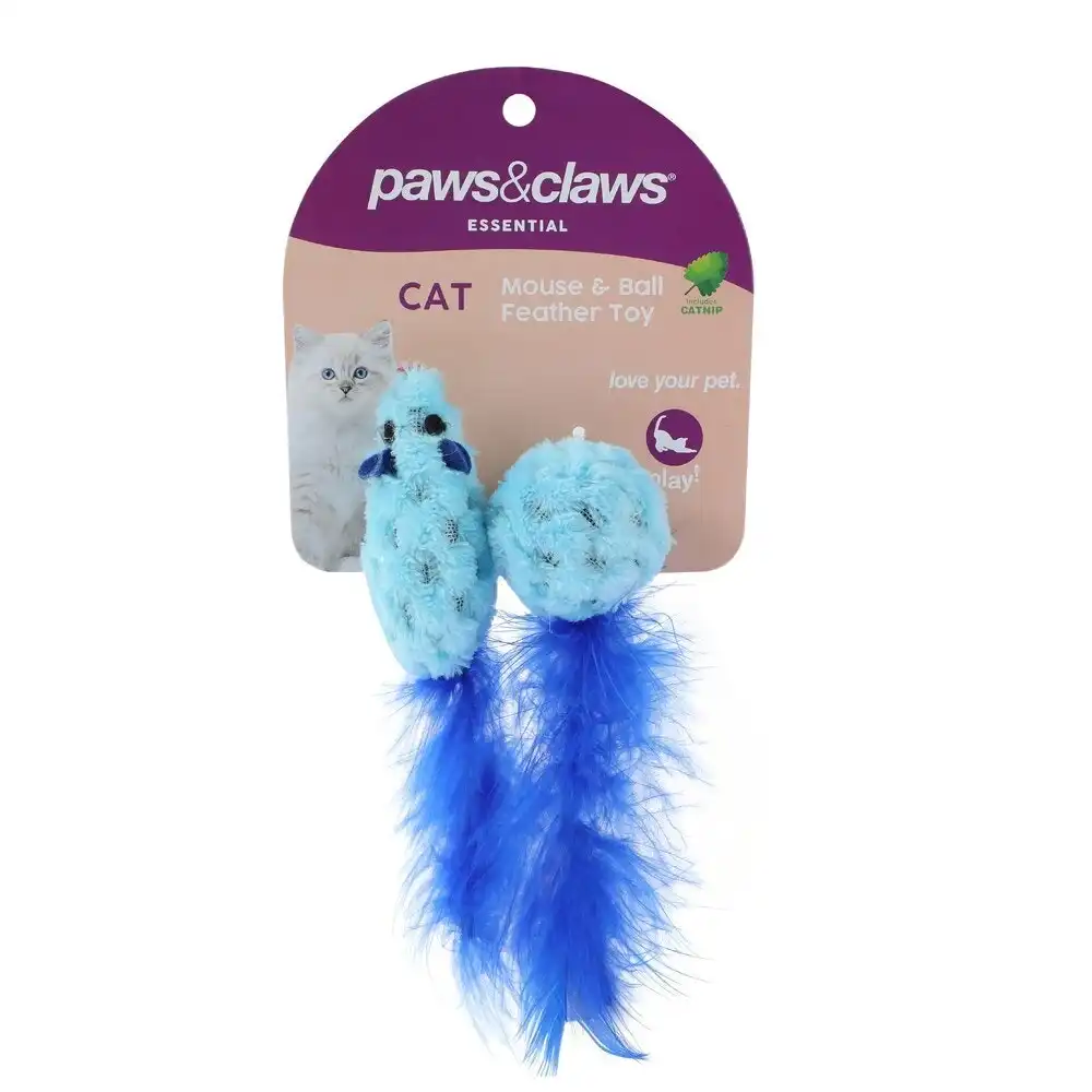 2PK Paws & Claws Pet Cat 15cm Mouse/Ball Feather w/ Catnip Interactive Toy Asst
