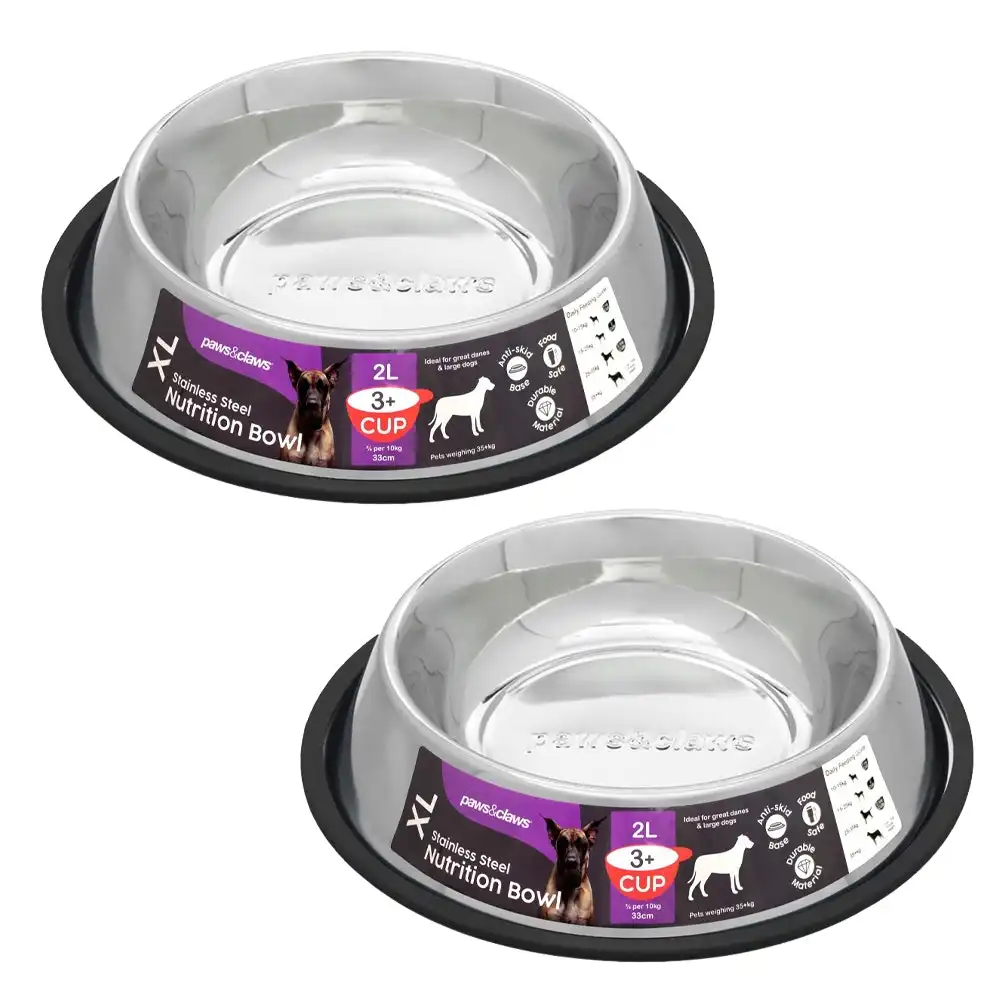 2x Paws & Claws 2L Stainless Steel Dog/Cat Water/Meal Anti-Skid Food Bowl BLK
