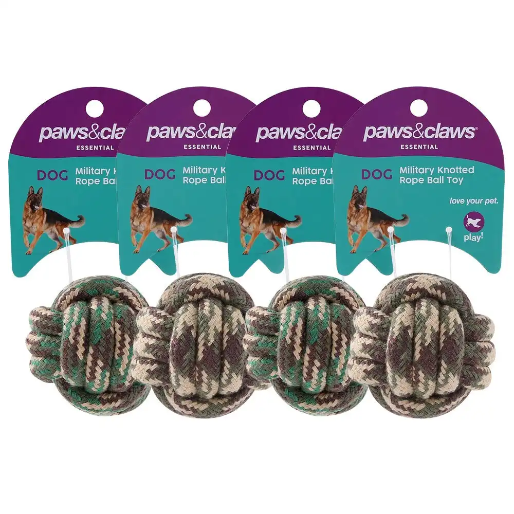 4x Paws & Claws Military 6cm Knotted Rope Ball Toy Chew/Bite Pet Training Assort