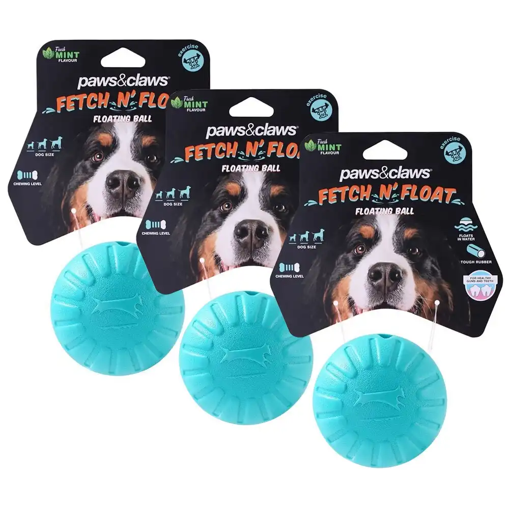 3x Paws & Claws 9cm Fetch N Play Ball Pet/Dog Interactive Fun Play Chew Toy Aqua