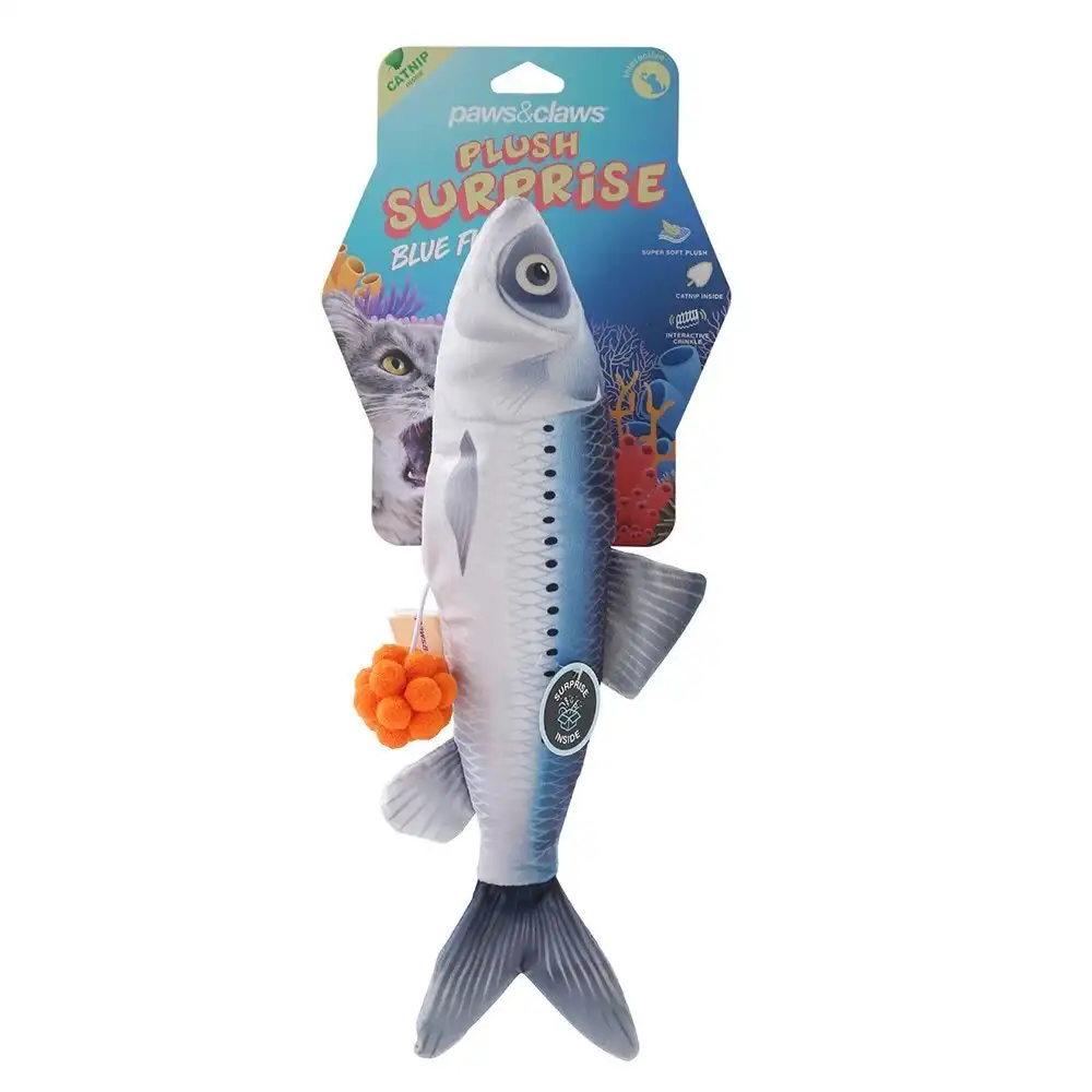 Paws & Claws Plush Fish Surprise Pet Interactive/Playing Toy 30cm w/ Catnip Blue