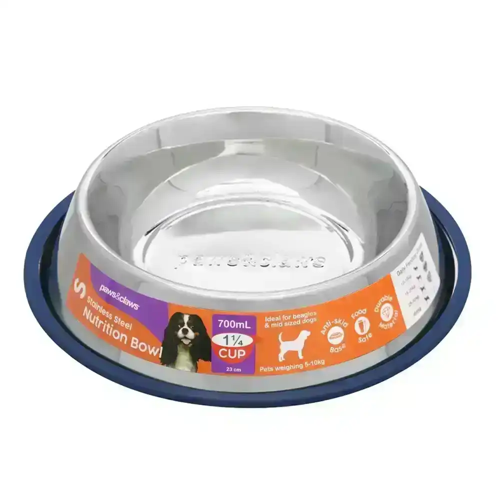Paws & Claws Stainless Steel 700ml Anti-Skid Food Feeder Bowl Pet Cat/Dog Blue