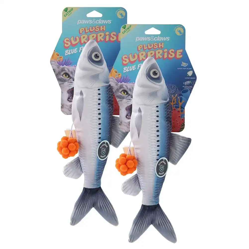 2x Paws & Claws Plush Fish Surprise Pet Interactive/Play Toy 30cm w/ Catnip Blue