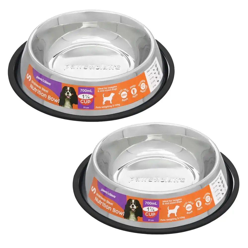 2x Paws & Claws 700ml Stainless Steel Dog/Cat Drinking/Meal Anti-Skid Bowl BLK