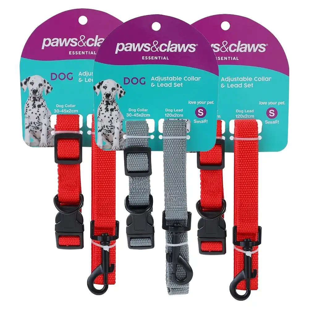 3x Paws & Claws Essentials 120cm Dog Collar/Leash 30-40cm Pet Lead Set Assorted