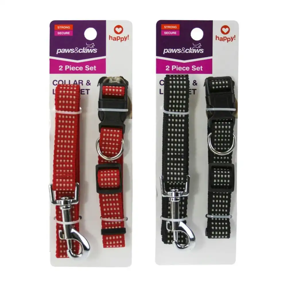 2x 2pc Paws & Claws Dog/Pet Adjustable Neck Collar & Lead Combo 2x120cm Assorted