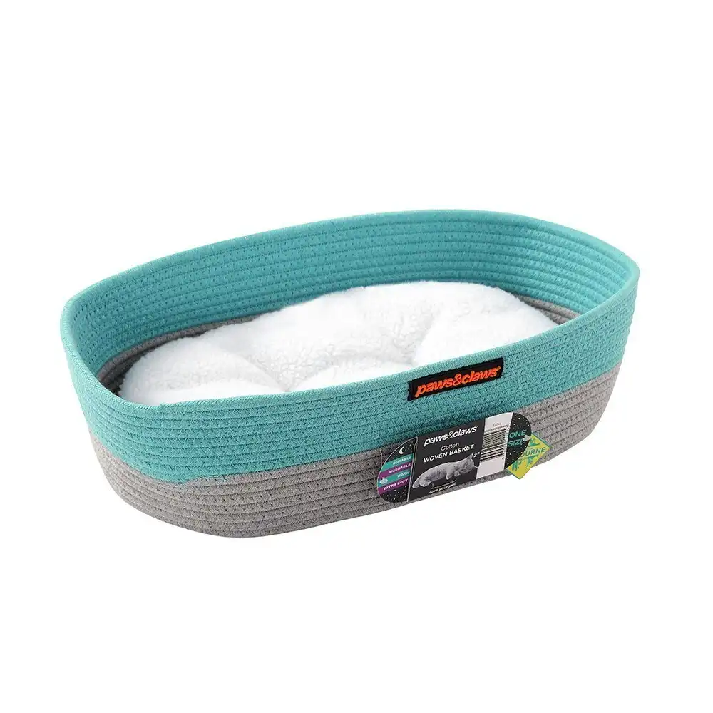 Paws & Claws Pet/Cat 40cm Cotton Woven Basket Sleeping Bed w/ Cushion Teal/Grey