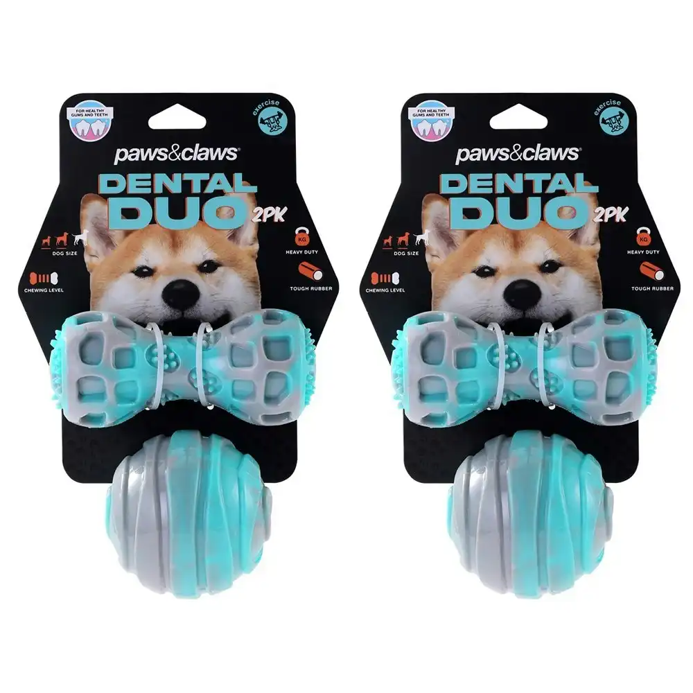 4pc Paws & Claws Dental Duo Pet Dog Teeth Clean Rubber Chew Ball/Baton Toy Blue